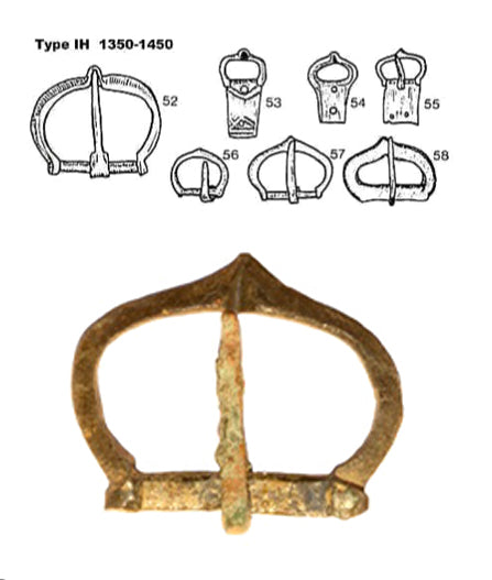 Historical documentation and original artifact photo of a Type IH 14th-century buckle from 1350 to 1450, used as the design reference for the heritage leather belt.