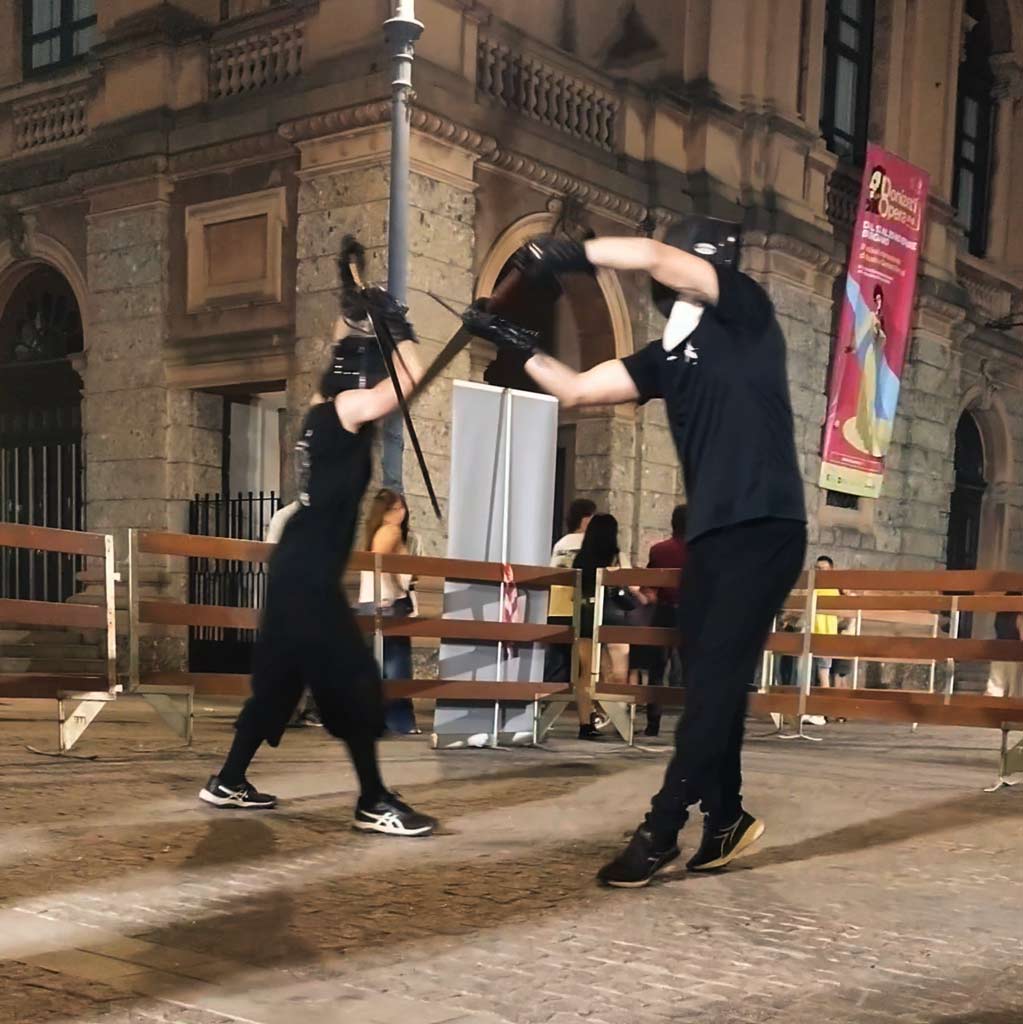 Live historical swordsmanship performance during an outdoor event, demonstrating safe stage combat techniques and scenic presence for historical reenactments