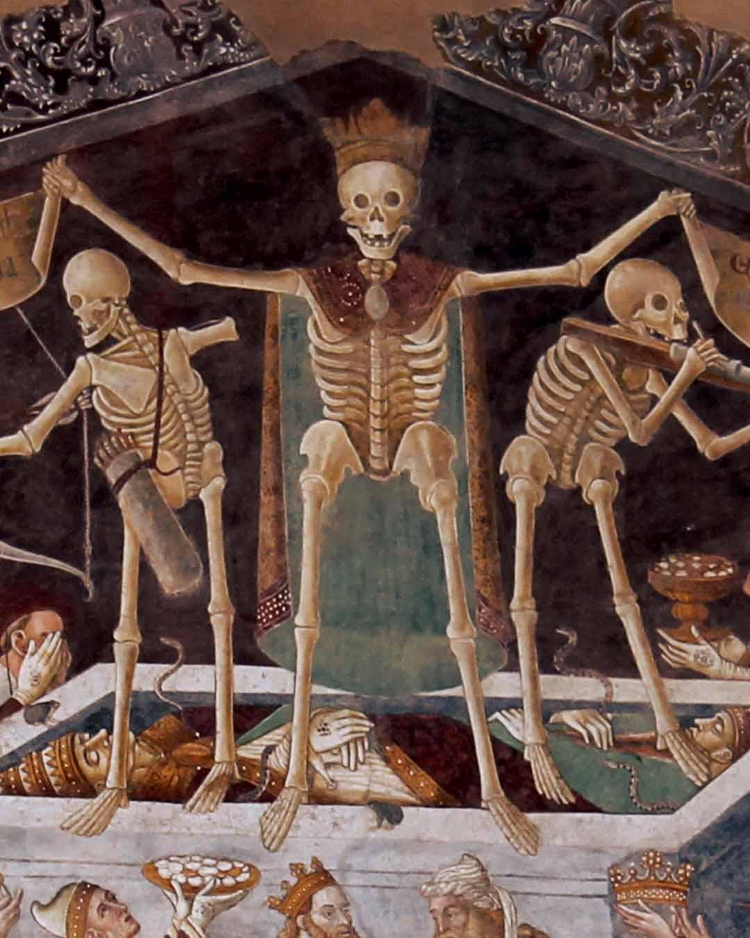 A historical detail of the 15th-century 'Triumph of Death' fresco in Clusone, Italy, featuring the Skeleton Queen. The image is treated with a warm gradient to match the artisanal aesthetic of Reliq's handmade leather wallets