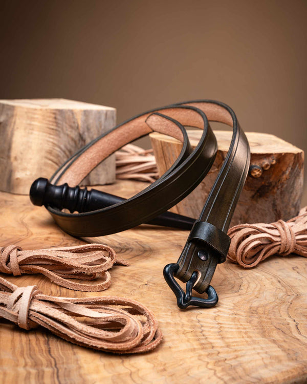 Olive green handcrafted leather belt designed for medieval outfits, featuring a period-accurate black buckle and smooth finished edges.