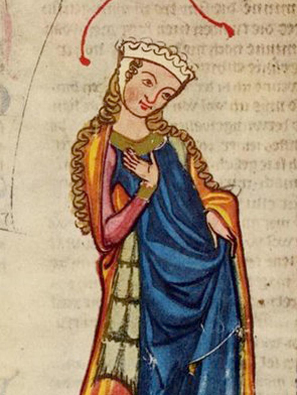 Original medieval manuscript reference illustration from the Codex Manesse, depicting a noblewoman in a distinctive blue and pink gown and headdress. This is the source image for comparison with a hand-tooled leather replica.