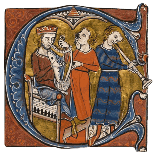 Medieval miniature of musicians playing for a king, representing Artistry: Reliq Leather’s pursuit of time, precision, and true handmade craftsmanship.