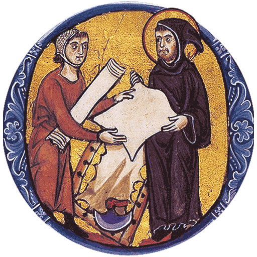 Medieval miniature of two figures exchanging scrolls, symbolizing Dialogue: Reliq Leather’s creations as a quiet exchange between past and present.