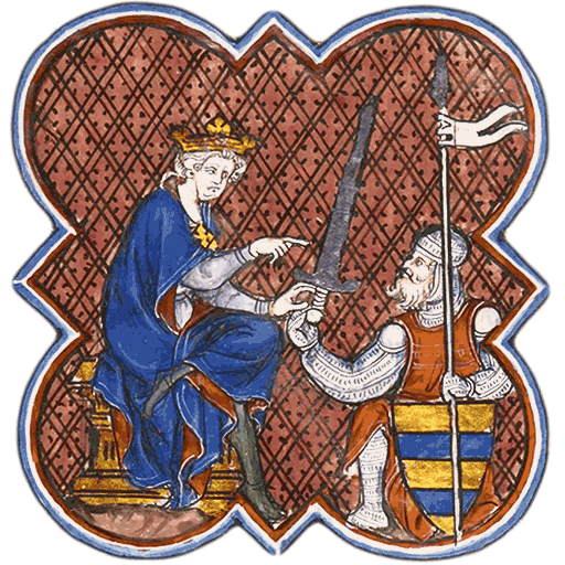 Medieval manuscript miniature of a king knighting a warrior, symbolizing Reliq Leather’s value of Heritage: reinterpreting history through originality and imagination.