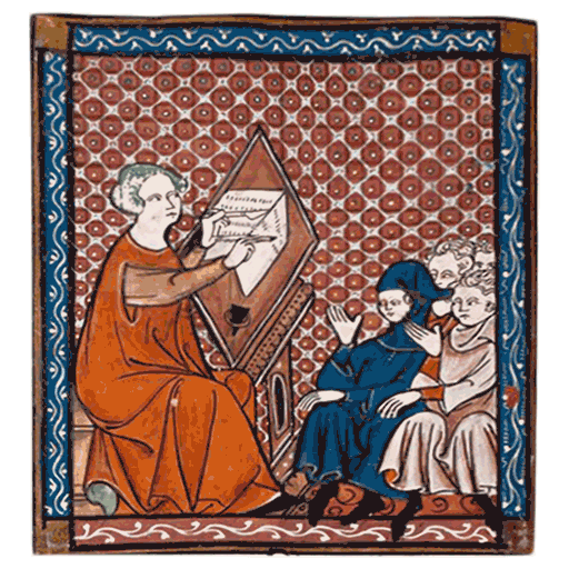Medieval miniature of a teacher with students, illustrating Resonance: Reliq Leather’s deep research and cultural integrity in handmade leather tooling.