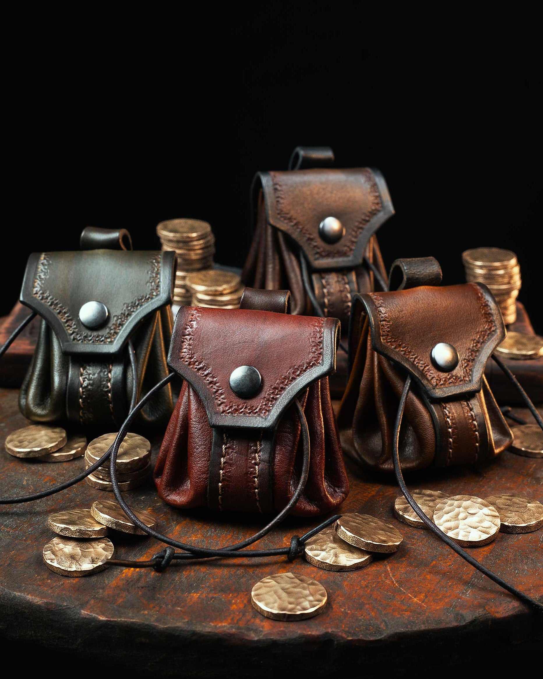Leather Belt Pouch Drawstring Hand-Tooled Bellows