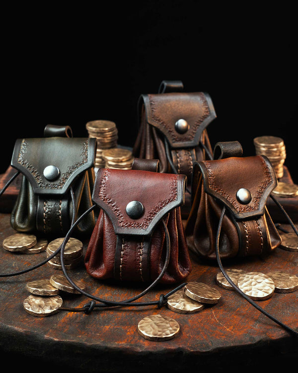 Leather Belt Pouch Drawstring Hand-Tooled Bellows