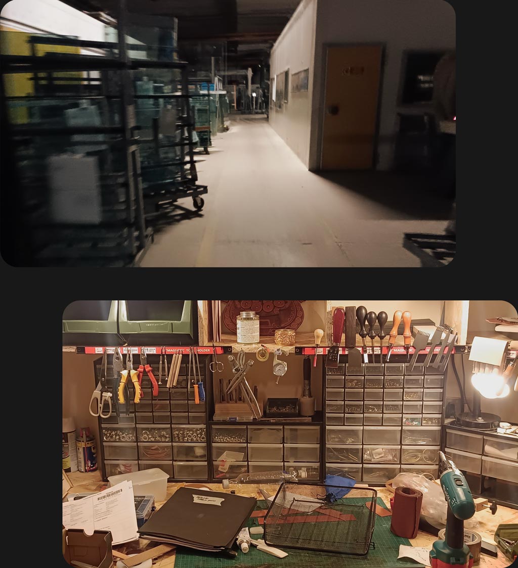 A vertical composition showing a dark industrial factory corridor above a lit leathercraft workbench, representing the unrelenting grind