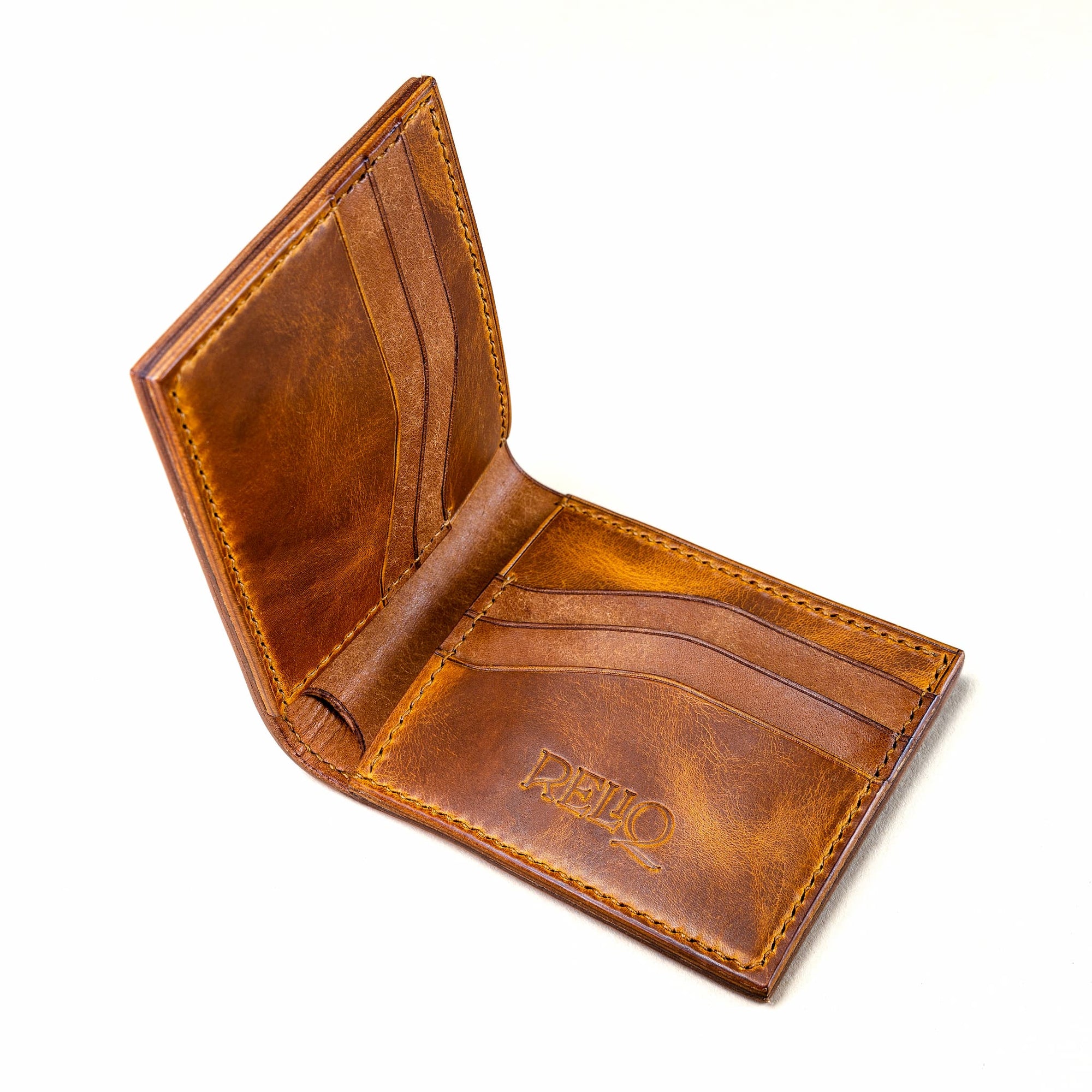 Interior view of Reliq Leather Trionfo della Morte wallet, handcrafted from Genuine Italian Vegetable-Tanned Leather, certified by the Consorzio Vera Pelle Italiana.