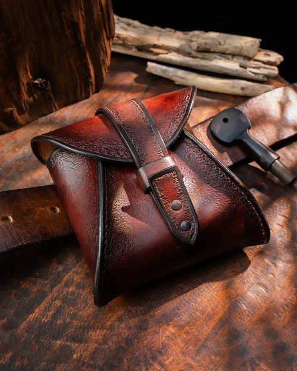 Mahogany hand-tooled medieval leather belt pouch with saddle-stitched gussets for LARP and fairs