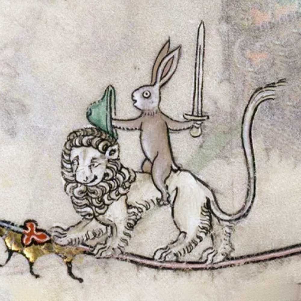 Medieval illumination of an armed rabbit riding a lion, serving as the source reference to showcase the carving and beveling precision of the leather replica