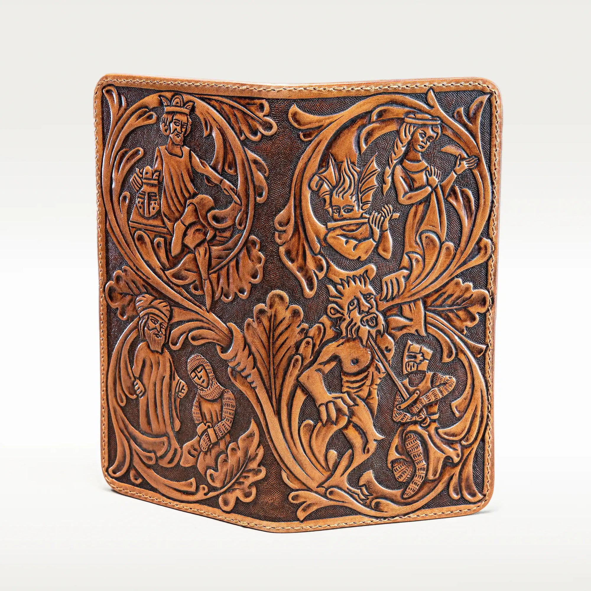 Complete tooling view of Reliq Huon de Bordeaux long wallet, showing medieval characters in manuscript style across front and back.