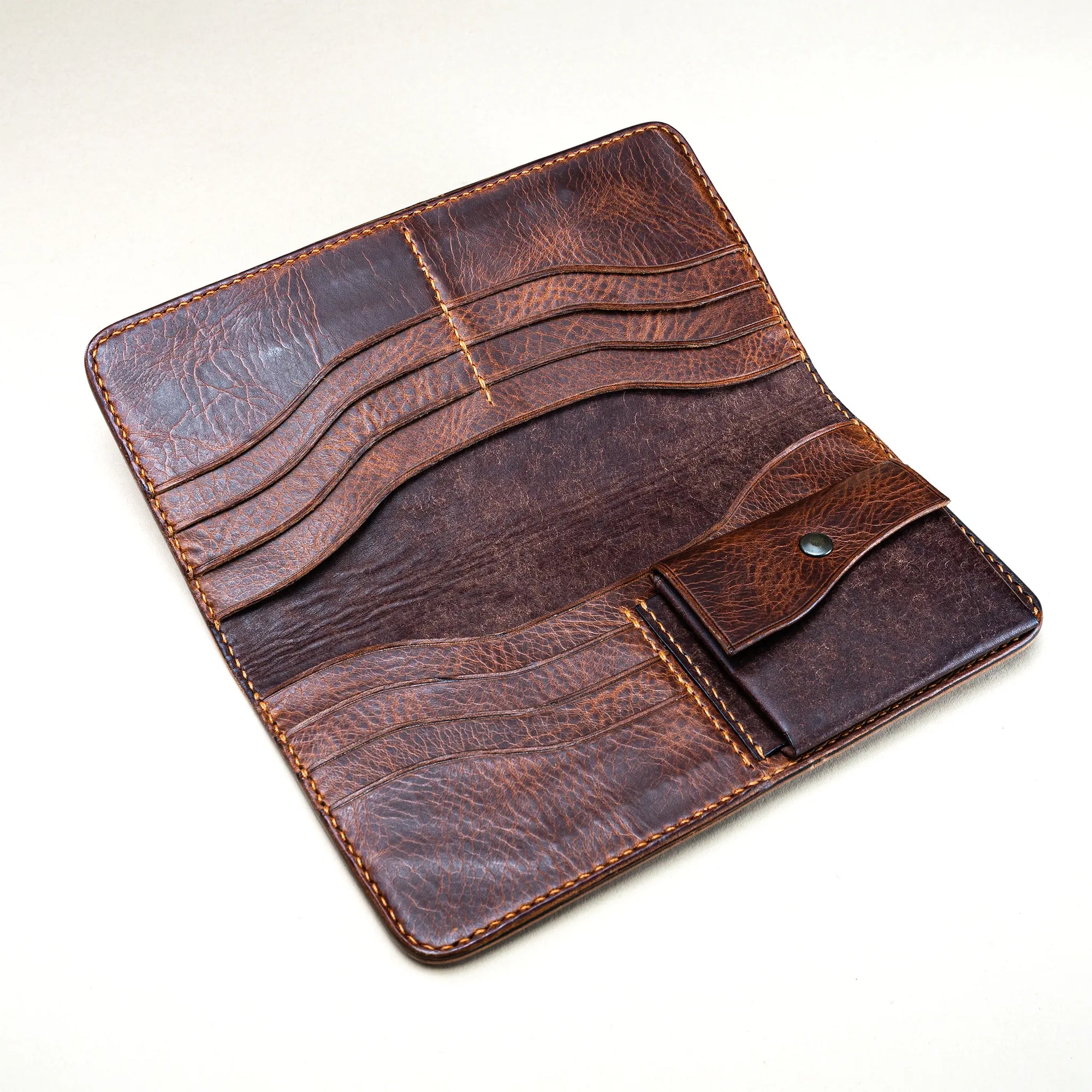 Alternative open view of Huon de Bordeaux leather long wallet interior, showing compartments and saddle-stitched finish.