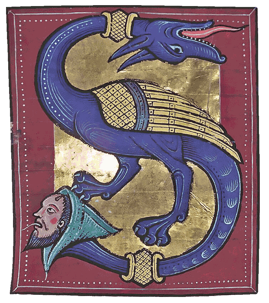 Medieval bestiary dragon illustration, mythological figure inspiring Reliq Leather tooling and handmade leather art.