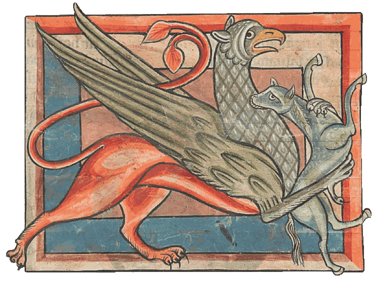 Medieval illumination of a gryphon, legendary beast inspiring Reliq Leather artisanal tooling patterns.