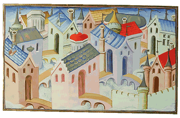 Medieval manuscript depiction of Hangzhou city, cultural imagery inspiring Reliq Leather’s Radiant Reverence collection.