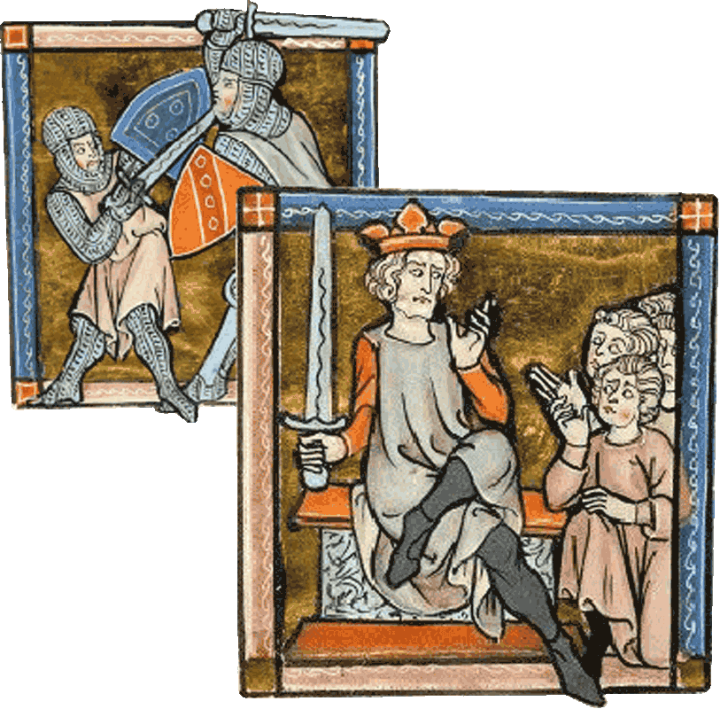 Medieval illumination of Huon’s duel and Charlemagne seated with sword, historical inspiration for Reliq Leather tooling motifs.