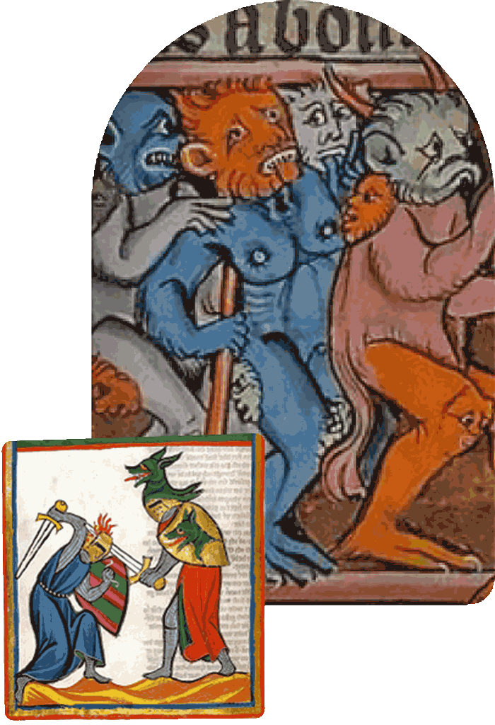 Medieval manuscript scene with Huon, a giant and knights, cultural heritage inspiring Reliq Leather artistry.