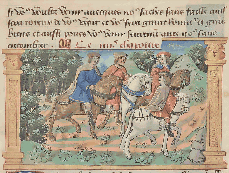 Medieval manuscript illumination of Polo and his family, inspiration for Reliq Leather Radiant Reverence collection.