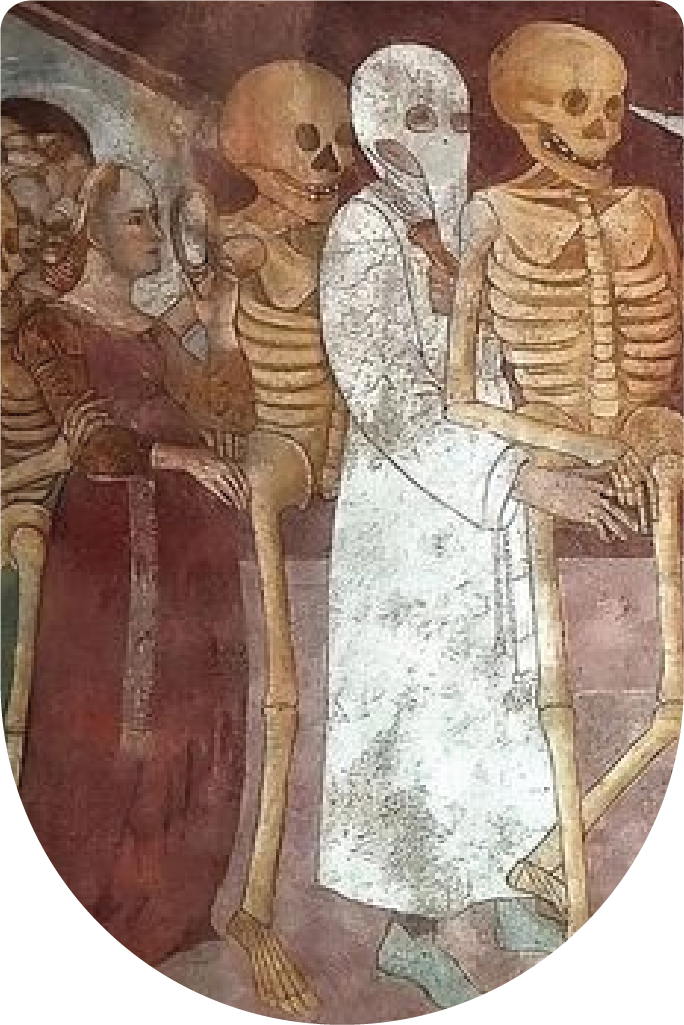 Medieval fresco detail of woman, skeleton and Giusti of the Danse Macabre of Clusone Bergamo, inspiration for Reliq Leather hand-tooled designs and the Trionfo della Morte wallet.