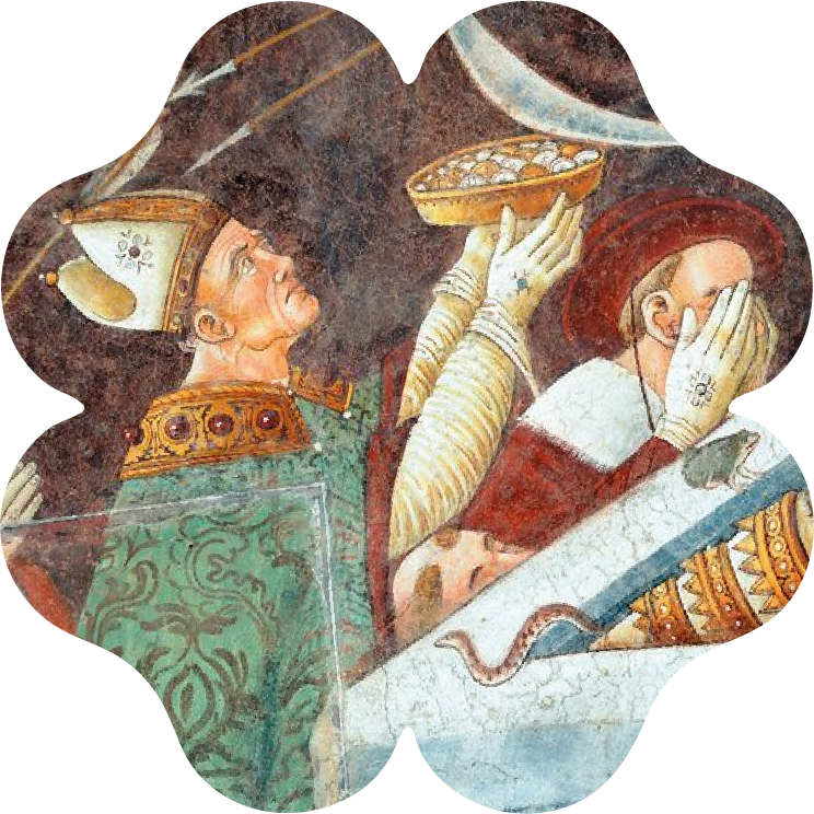 Medieval fresco detail of the Trionfo della Morte in Clusone Bergamo, showing a bishop with offering, inspiration for Reliq Leather artisanal tooling and hand-painted leather designs.