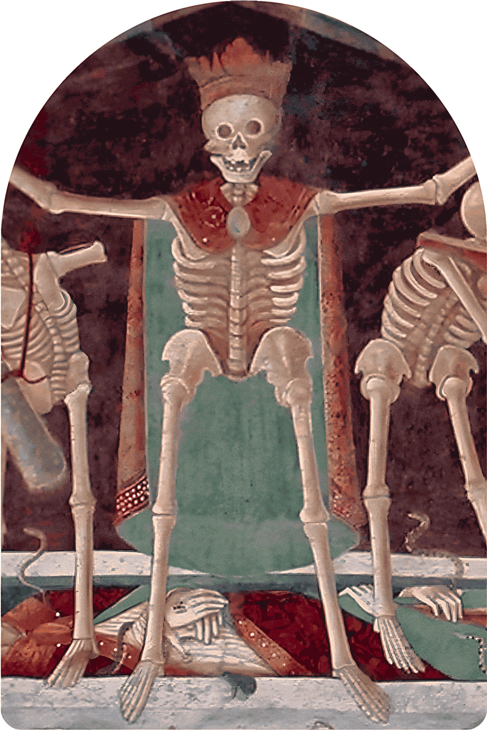 Medieval fresco of the Trionfo della Morte in Clusone Bergamo depicting a crowned skeleton queen, symbolic imagery inspiring Reliq Leather handcrafted tooling for the Trionfo della Morte wallet.