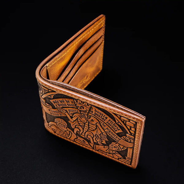 Angled view of a half-open medieval hand-tooled leather wallet highlighting the burnished edges and 3D relief tooling.