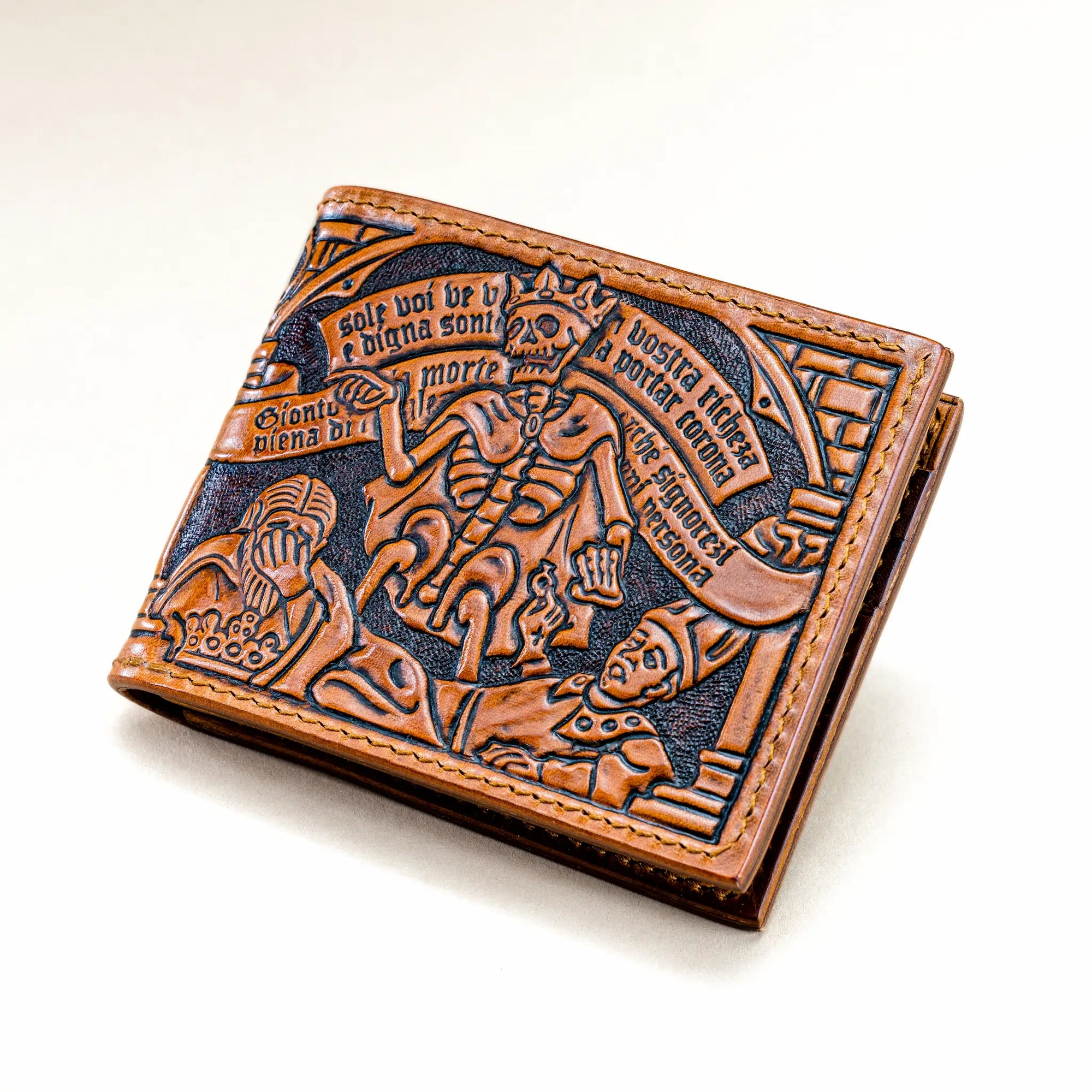 Reliq Leather Trionfo della Morte handmade wallet hero view, hand-tooled design inspired by the 1485 Clusone fresco with crowned skeleton La Morte Regina.
