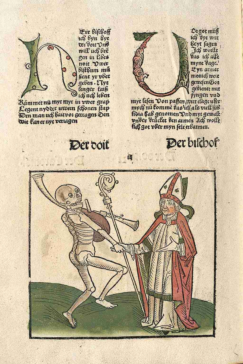 A 15th-century woodcut from the Heidelberger Totentanz (Danse Macabre) of the Middle Rhine, showing a skeletal Death figure playing bagpipes while leading a bishop. Above them is text in archaic German script. This specific 'bagpiper' figure is the direct source of inspiration for the design of my hand-tooled leather Danse Macabre keyring.