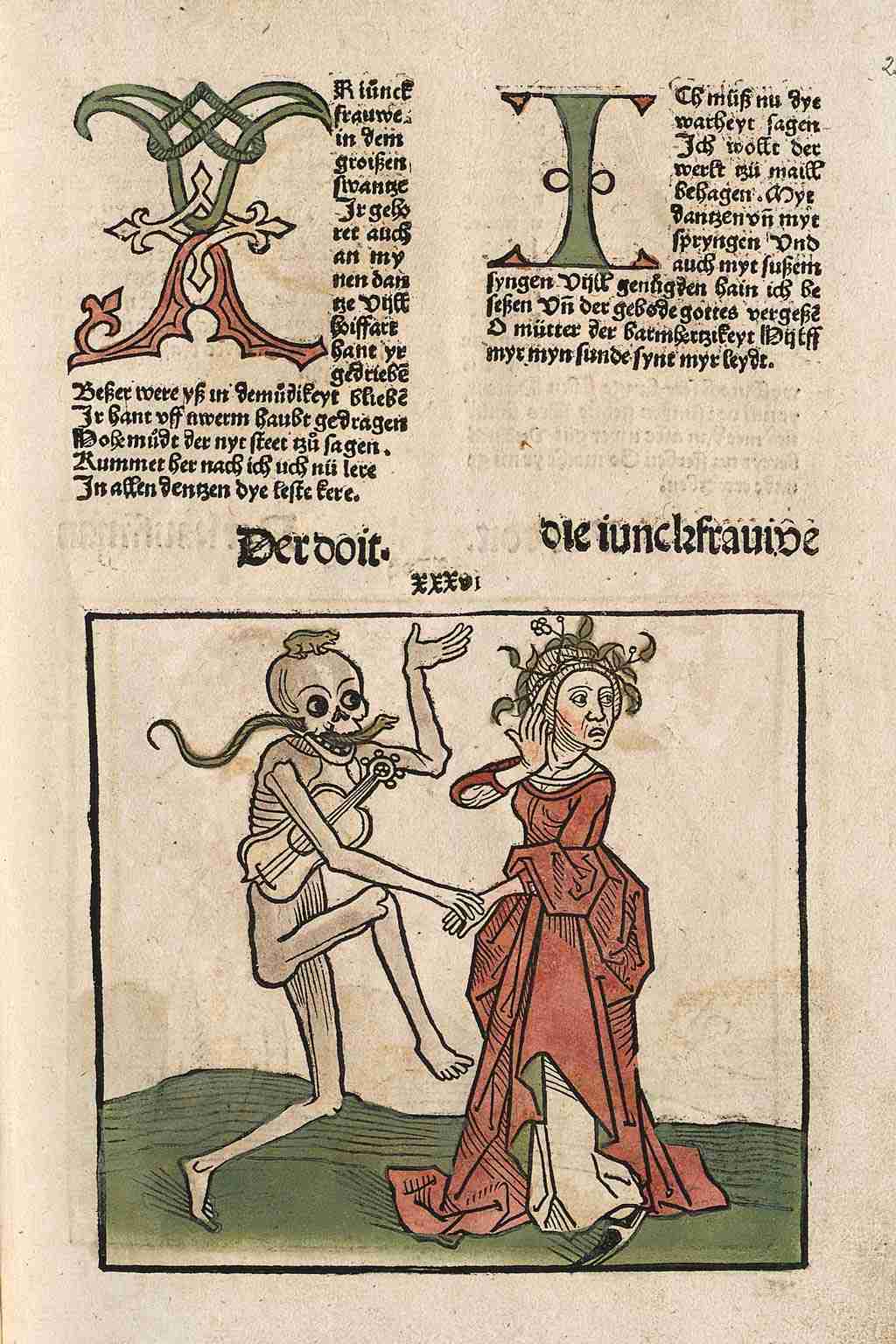 A 15th-century woodcut from the Heidelberger Totentanz (Danse Macabre) showing a skeletal Death figure playing a medieval stringed instrument while leading a maiden. This historical illustration is the direct inspiration for my hand-tooled leather skeleton art keychain.