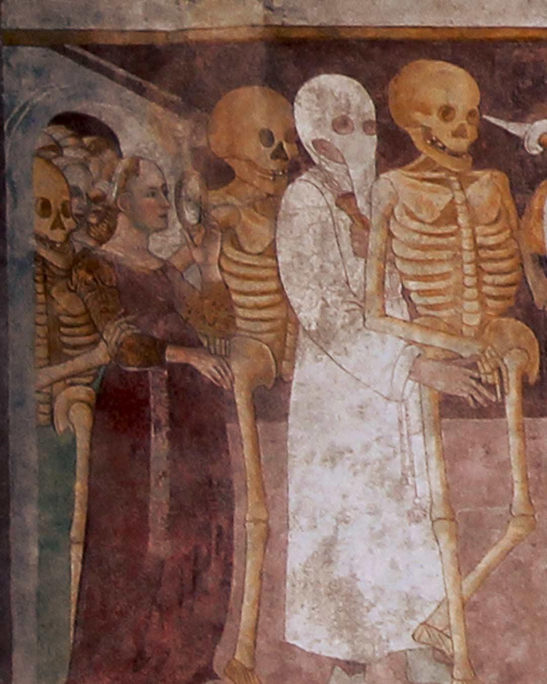 Historical detail of the Dama and Disciplino from the 15th-century Trionfo della Morte fresco in Clusone, Italy. This medieval Danse Macabre masterpiece serves as the primary tooling reference for Reliq's hand-tooled leather wallets and artisan Italian craftsmanship